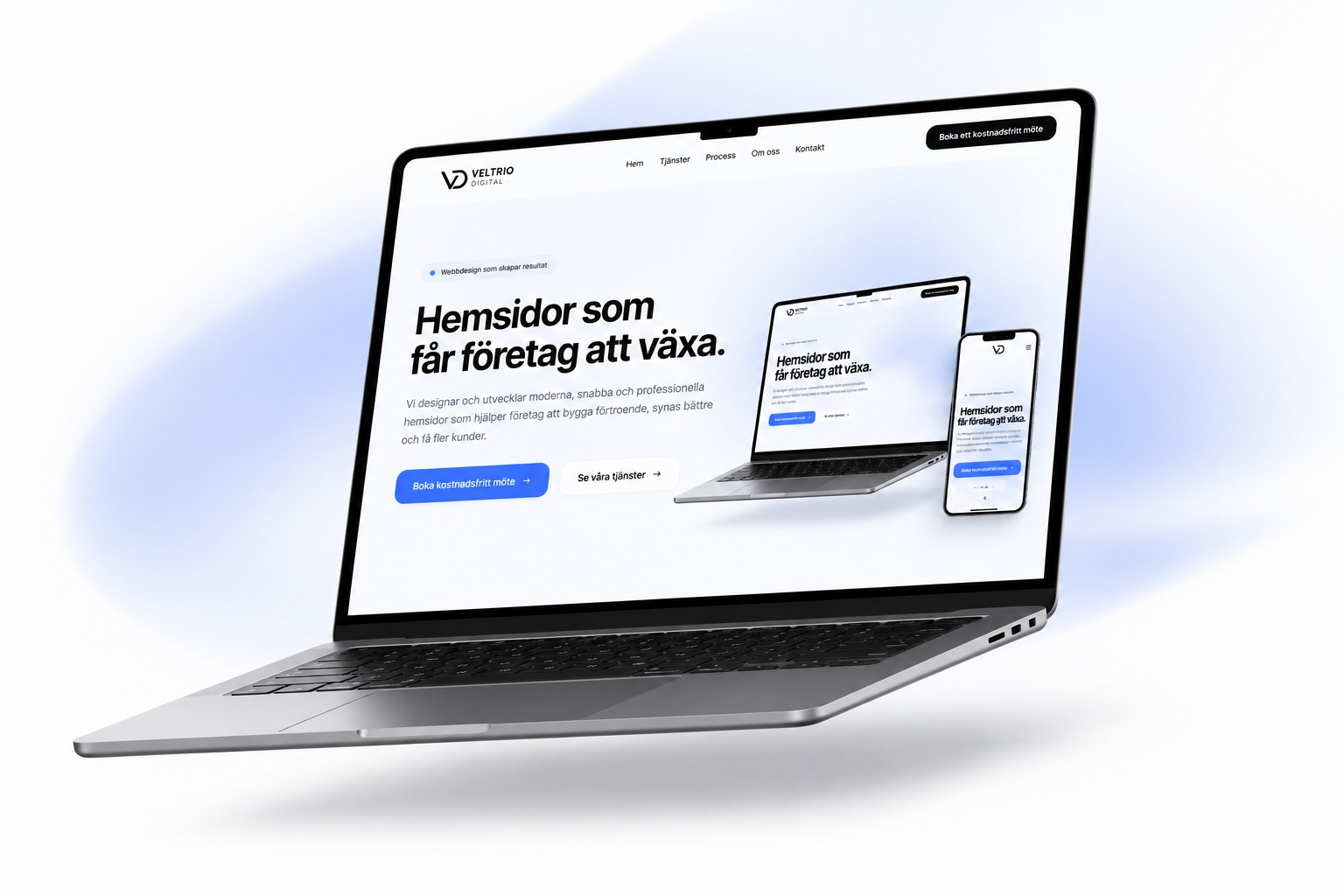 Bärbar dator som visar Veltrio Digitals egen startsida